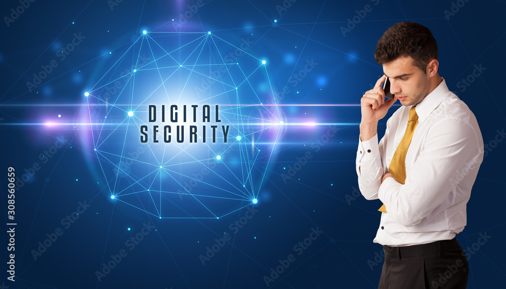 Businessman thinking about security solutions with DIGITAL SECURITY inscription Businessman thinking about security solutions with DIGITAL SECURITY inscription