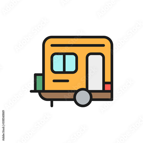 Vector camping trailer, caravan, camper flat color line icon.