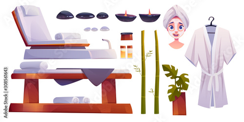 Spa salon set, equipment and furniture for applying beauty and body care procedures. Woman face with towel turban and mask. Couch, candles aroma oil stones bath robe bamboo Cartoon vector illustration