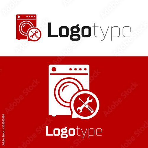 Red Washer with screwdriver and wrench icon isolated on white background. Adjusting, service, setting, maintenance, repair, fixing. Logo design template element. Vector Illustration