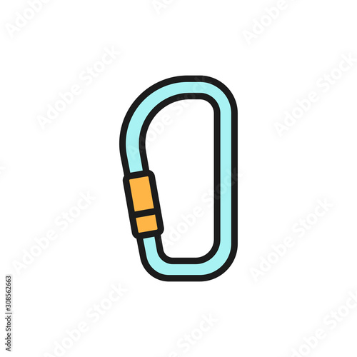 Carabiner, climbing equipment flat color line icon. Isolated on white background