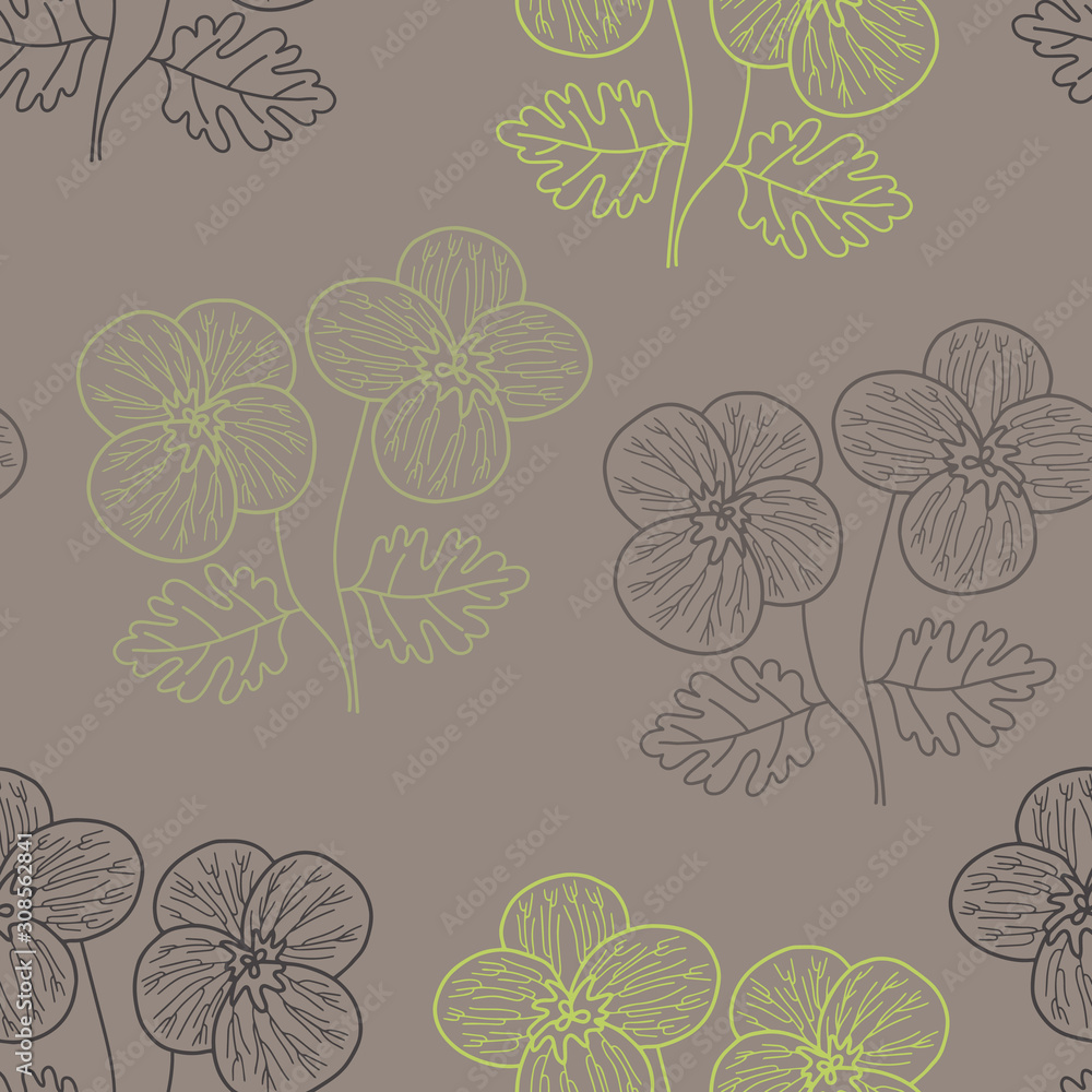 Vector floral texture pattern in brown and green. Simple outline pansy flower bush hand drawn made into repeat. Great for background, wallpaper, wrapping paper, packaging, fashion.