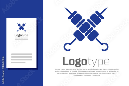 Blue Crossed grilled shish kebab on skewers stick icon isolated on white background. Meat kebab on skewers stick. Picnic with grill meat. Logo design template element. Vector Illustration