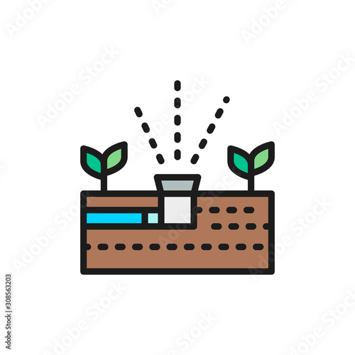 Vector plant irrigation, aquaponics system flat color line icon.