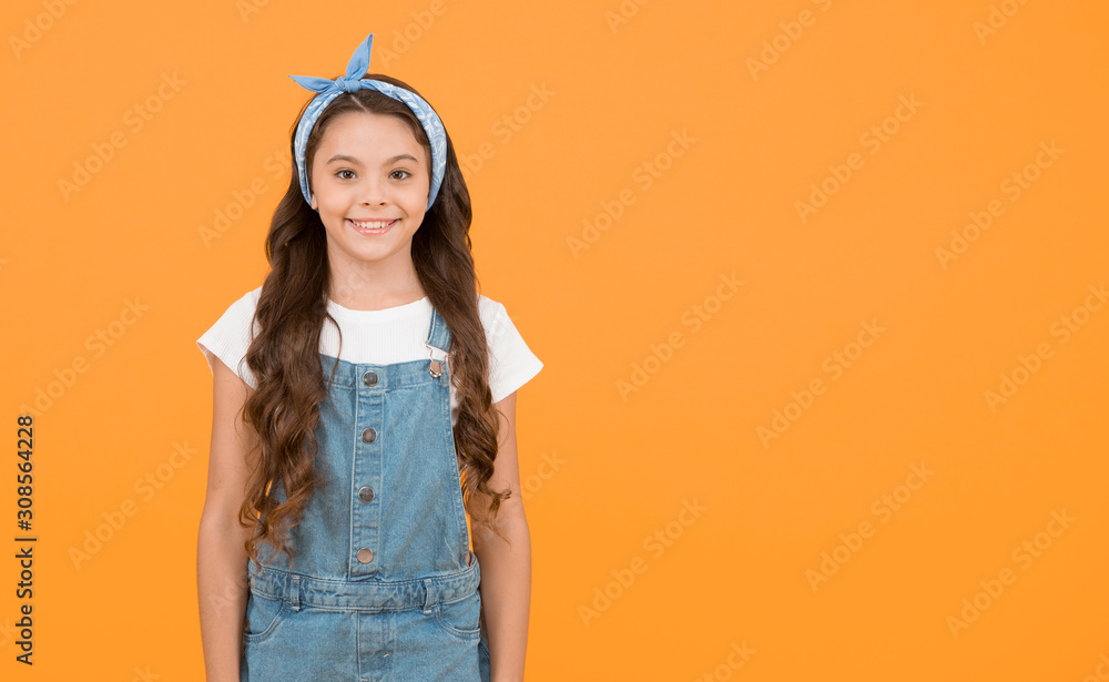 Cute small kid fashion girl. Fashion accessories. Summer outfit concept.  Girl long curly hair. Fashion trend. Little fashionista. Happy childhood.  Modern teen clothing. Accessory shop. Positive vibes Stock-Foto | Adobe  Stock