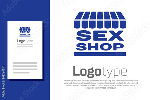 Blue Sex shop building with striped awning icon isolated on white background. Sex shop, online sex store, adult erotic products concept. Logo design template element. Vector Illustration
