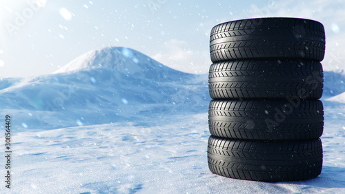 Winter tires on a background of snowstorm, snowfall and slippery winter road. Winter tires concept. Concept tyres, winter tread. Wheel replacement. Road safety. 3d illustration with falling snow © rost9