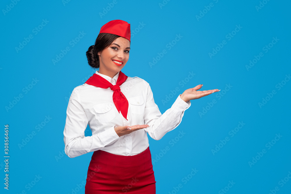 Cheerful flight attendant representing airline Cheerful flight attendant representing airline