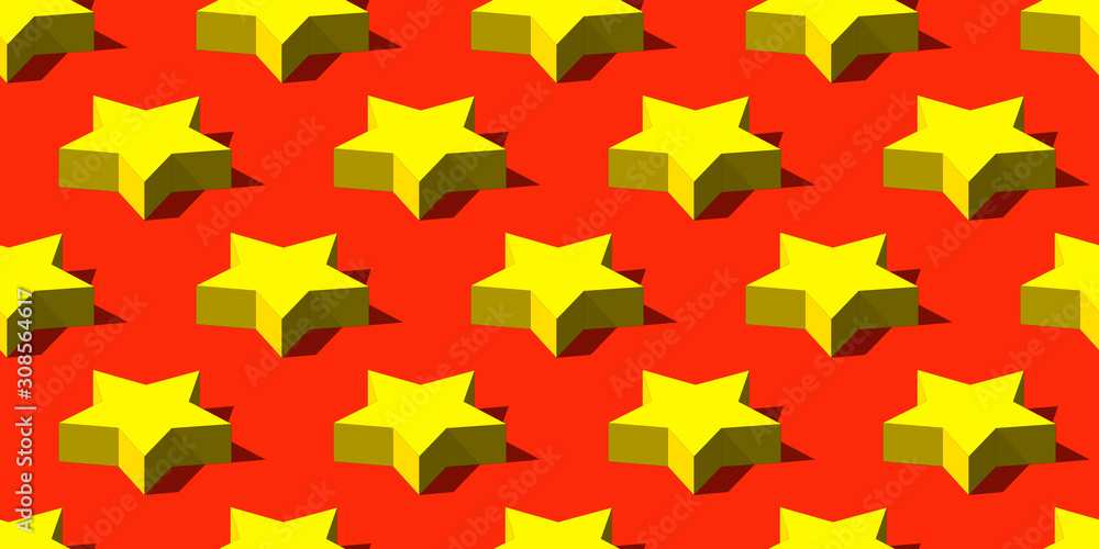 Yellow stars on red background seamless flat lay texture. 3d illustration. Isometric print with hard shadows Yellow stars on red background seamless flat lay texture. 3d illustration. Isometric print with hard shadows