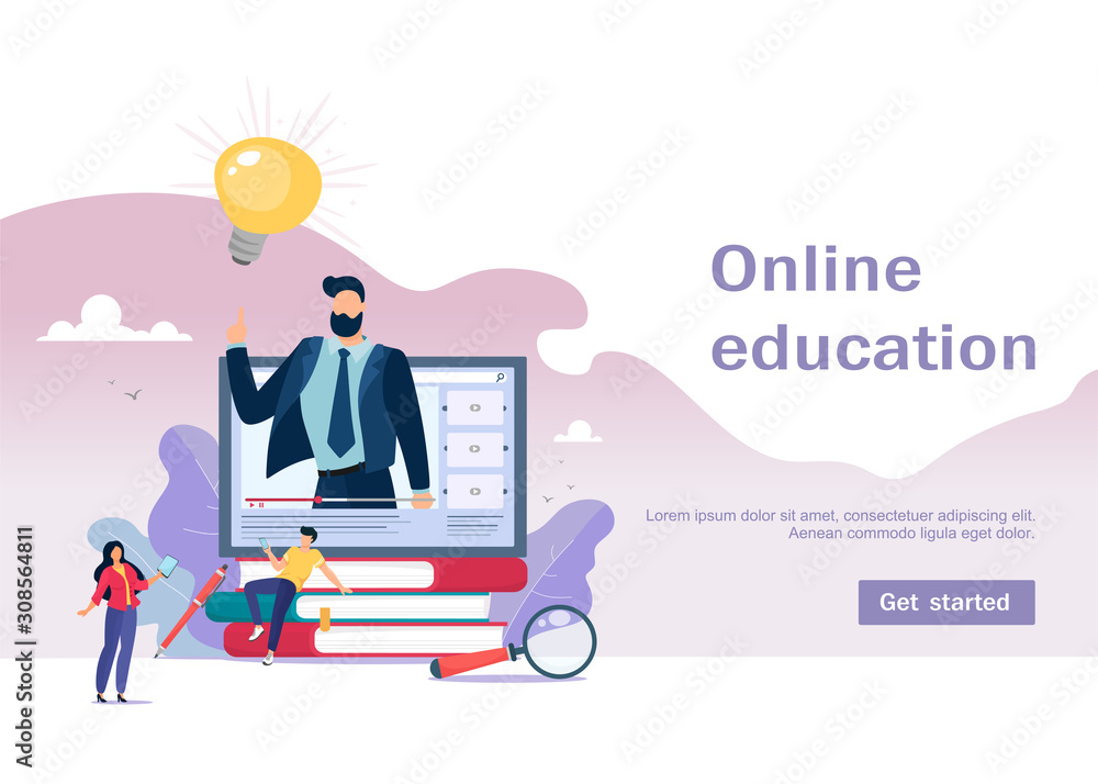 Online training or business training. A pile of books and a computer with a mentor, video lesson, courses. Vector illustration for a landing page with characters in cartoon flat style.