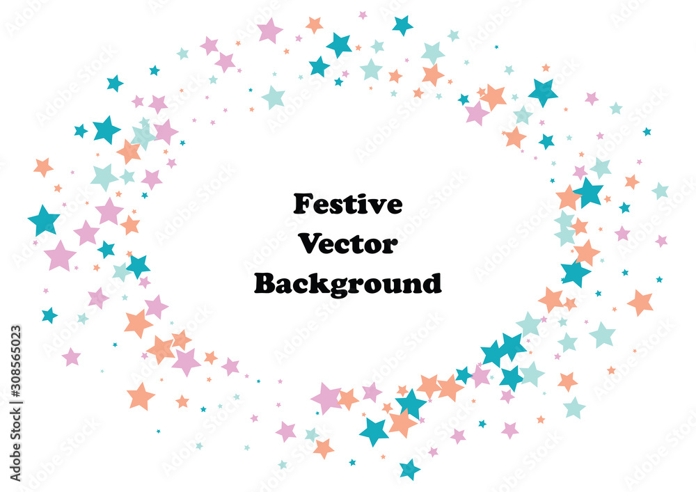 Obraz premium Festive color star confetti background. Abstract frame confetti texture for holiday, postcard, poster, website, carnivals, birthday and children's parties. Cover confetti mock-up. Wedding star layout