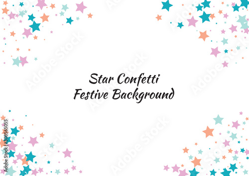 Festive color star confetti background. Abstract frame confetti texture for holiday, postcard, poster, website, carnivals, birthday and children's parties. Cover confetti mock-up. Wedding star layout