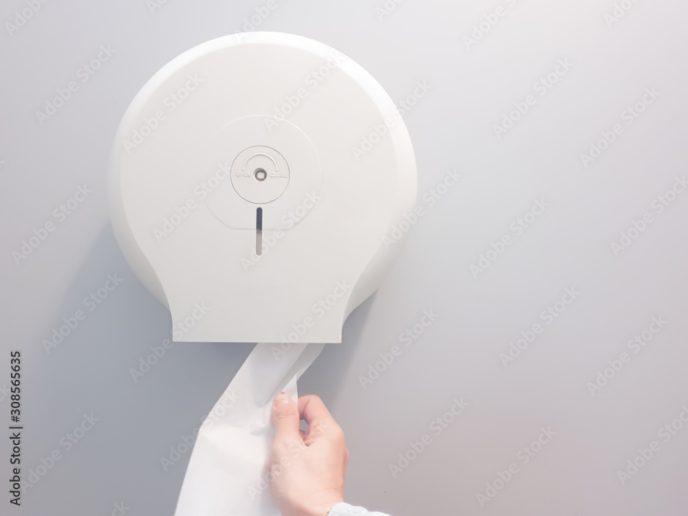 Εκτύπωση καμβά Hand-pulling the tissue roll out a white box mounted on a white wall in a public restroom