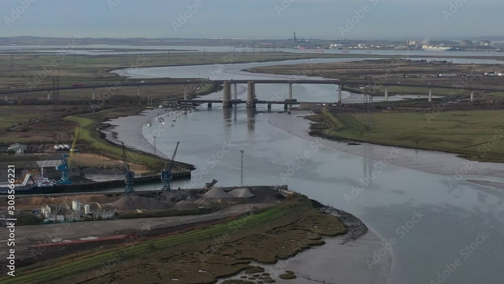 Wide aerial view of the Sheppey crossing, linking mainland Kent to the Isle Of Sheppey. Wide aerial view of the Sheppey crossing, linking mainland Kent to the Isle Of Sheppey.