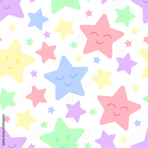 Multicolor kawaii stars  cute seamless pattern for babies  kids print. Vector illustration on white background.