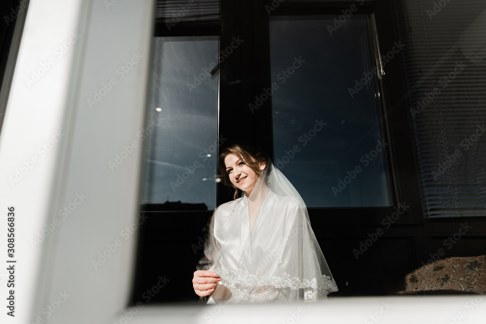 Portrait of young gorgeous bride. Wedding day gatherings. Beautiful girl dresses and gathers for a wedding ceremony in apartaments while waiting for the groom. Bride's morning Portrait of young gorgeous bride. Wedding day gatherings. Beautiful girl dresses and gathers for a wedding ceremony in apartaments while waiting for the groom. Bride's morning