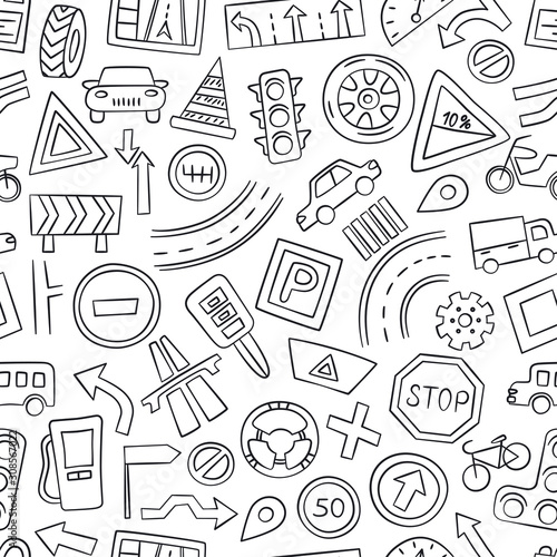 Cars, road objects, traffic signs and automobile symbols. Seamless pattern in doodle style. Vector illustration for driving school, car shops, auto parts store, service centers