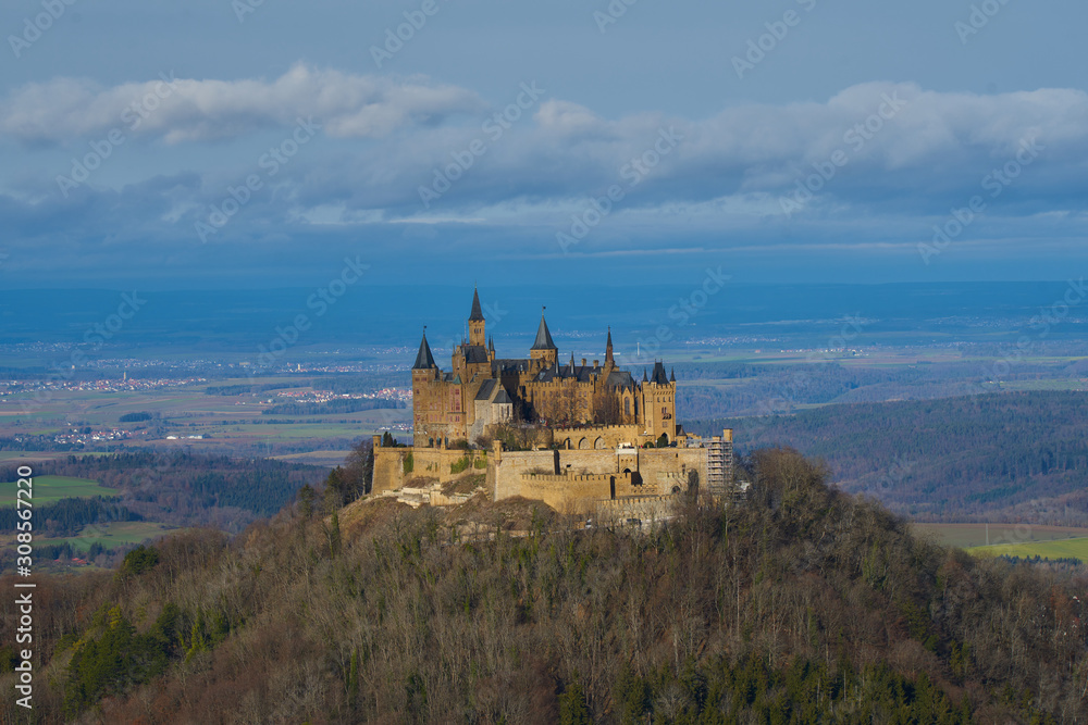 Hohenzollern castle from the top of the hill, panoramic view