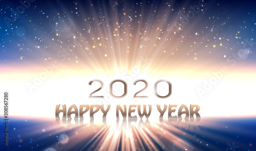 Happy new year 2020 banner. Sunrise background as simbol of new houps. Shiny numbers in vector format.