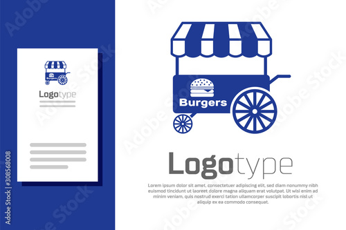 Blue Fast street food cart with awning icon isolated on white background. Burger or hamburger icon. Urban kiosk. Logo design template element. Vector Illustration