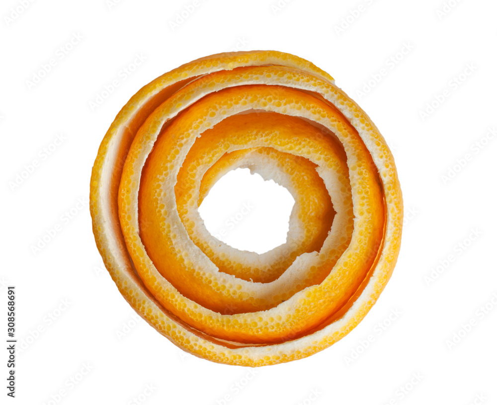 Fototapeta premium The peel of an orange is round. twist on peel.Isolated on white