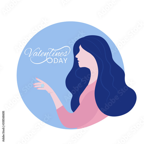 Valentine s Day   ard with illustration of woman with a ring on his hand.