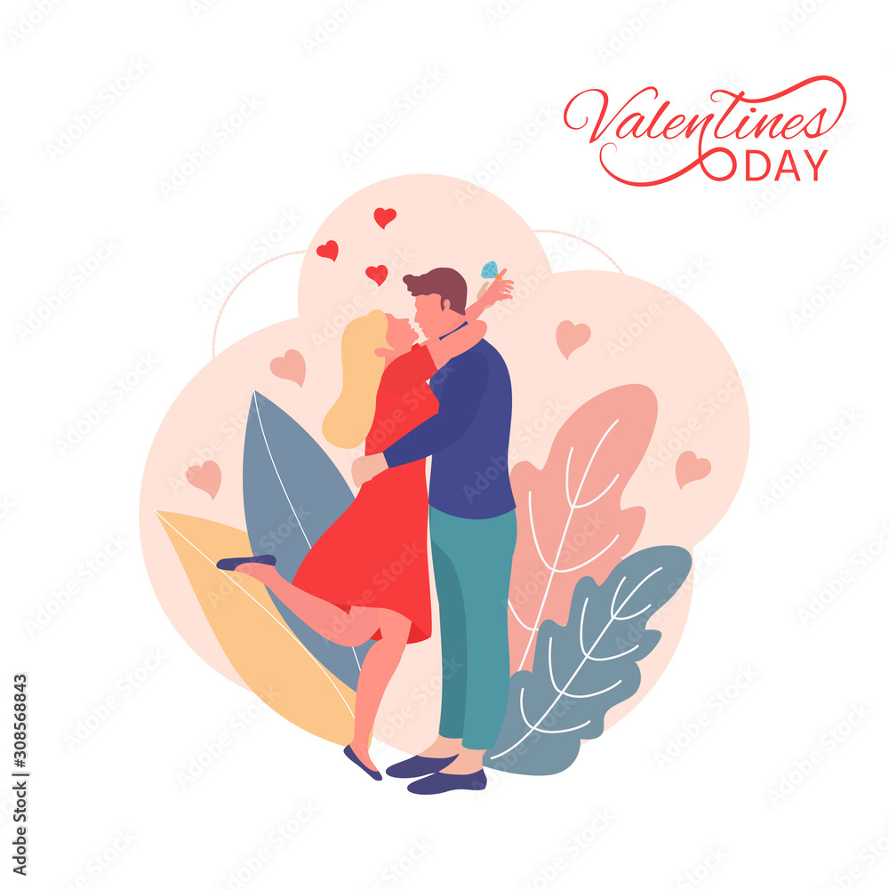 Young Couple hugging. Hugs and kisses, promises of eternal love. Characters for a greeting card for Valentine Day. Young Couple hugging. Hugs and kisses, promises of eternal love. Characters for a greeting card for Valentine Day.