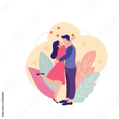 Happy couple man and woman with hugging. Love vector concept image can use for card, banners, T-short, web page. Man making offer to woman asking her marry. Woman with Engagement Ring.