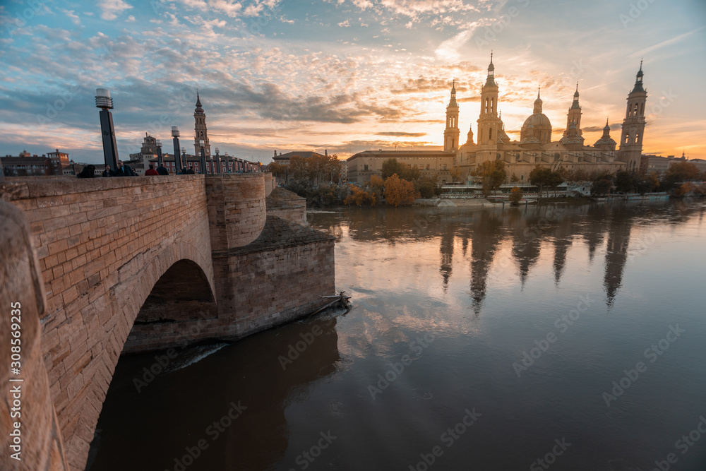 Zaragoza November 29, 2019, Rio Ebro as it passes through the city of Zaragoza