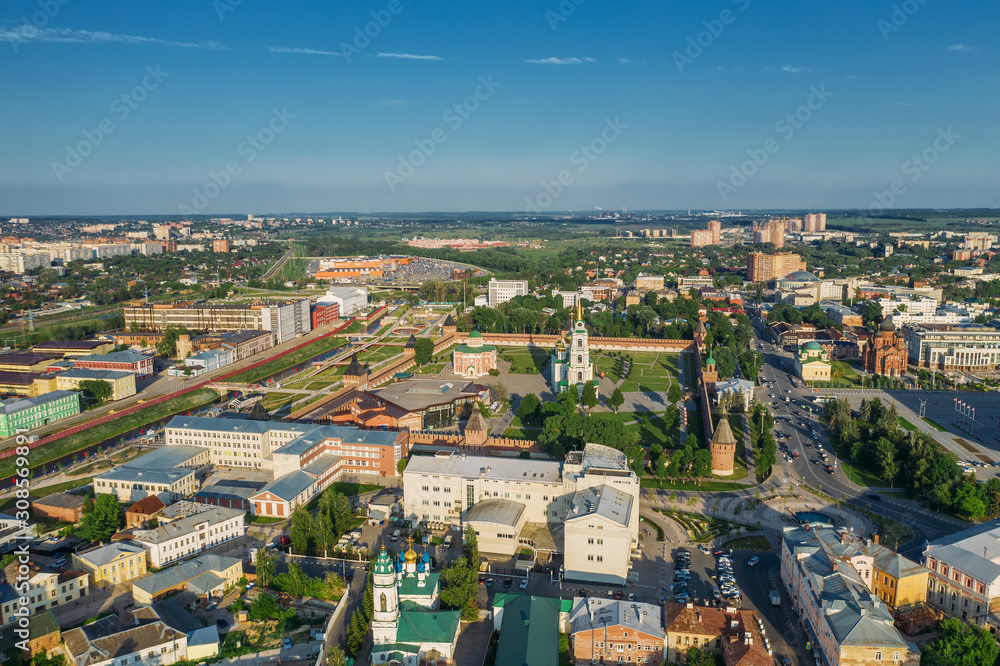 Aerial view of Tula Kremlin and Epiphany Cathedral - ancient Orthodox Church in city downtown, drone photo from above. Aerial view of Tula Kremlin and Epiphany Cathedral - ancient Orthodox Church in city downtown, drone photo from above.