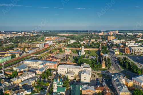 Aerial view of Tula Kremlin and Epiphany Cathedral - ancient Orthodox Church in city downtown  drone photo from above.