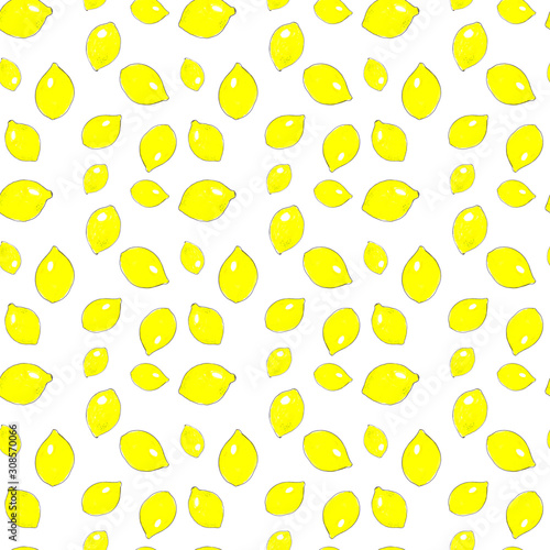 Fresh lemons background. Hand drawn overlapping backdrop. Seamless pattern with citrus fruits collection. Decorative illustration, good for printing