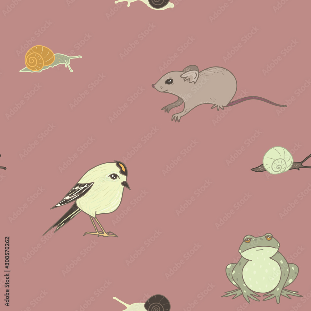 Vector Garden Residents on Dusty Pink seamless pattern background.