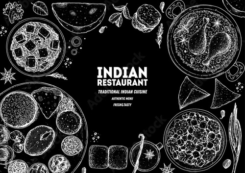 Indian food illustration. Hand drawn sketch. Vector illustration. Menu background.