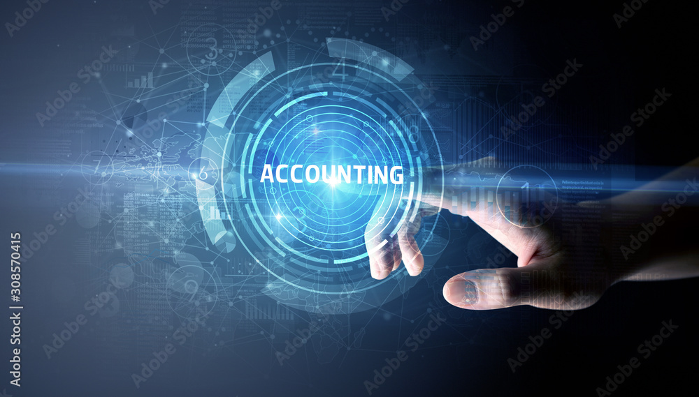 Hand touching ACCOUNTING button, modern business technology concept Hand touching ACCOUNTING button, modern business technology concept