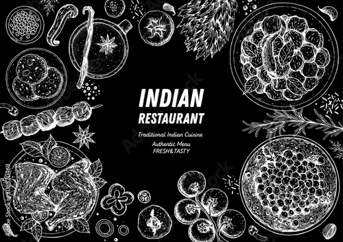 Indian food illustration. Hand drawn sketch. Vector illustration. Menu background.