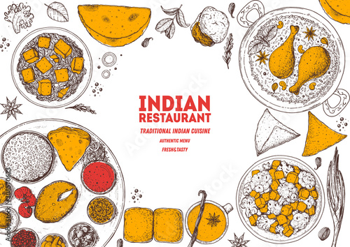 Indian food illustration. Hand drawn sketch. Vector illustration. Menu background.