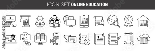 Flat line icons set of online education, brain training games, internet tutorials, smart ideas and thinking, electronic learn process, studying skills.