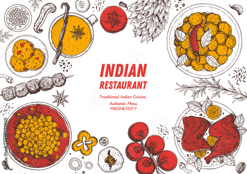 Indian food illustration. Hand drawn sketch. Vector illustration. Menu background.