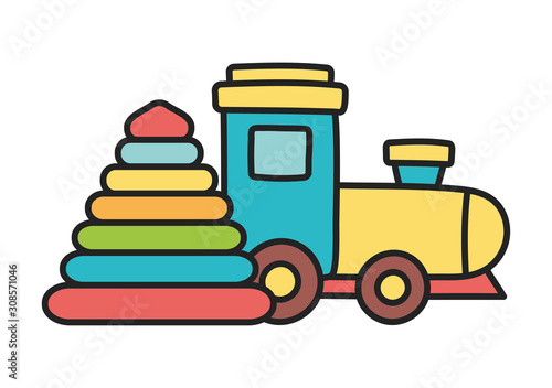 kids toy, rubber pyramid and plastic train toys