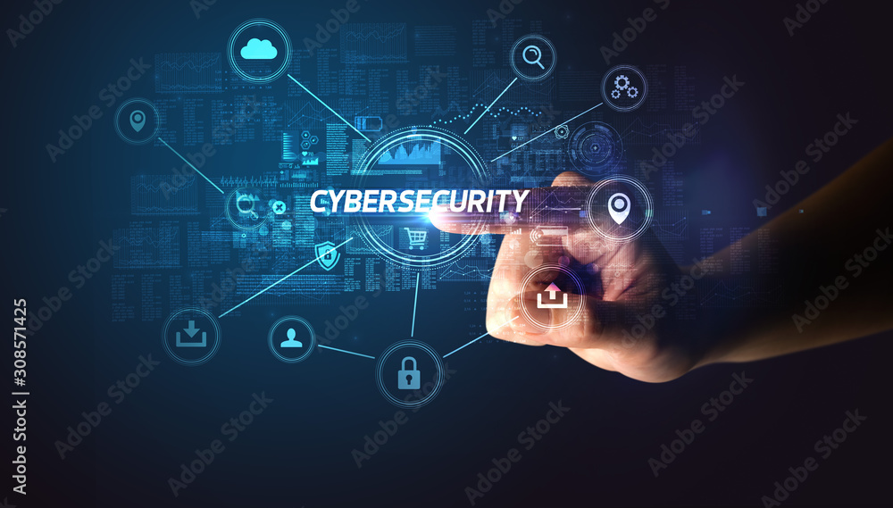 Hand touching CYBERSECURITY inscription, Cybersecurity concept Hand touching CYBERSECURITY inscription, Cybersecurity concept