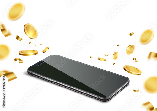 Vector realistic phone gold coin betting gambling Fototapet