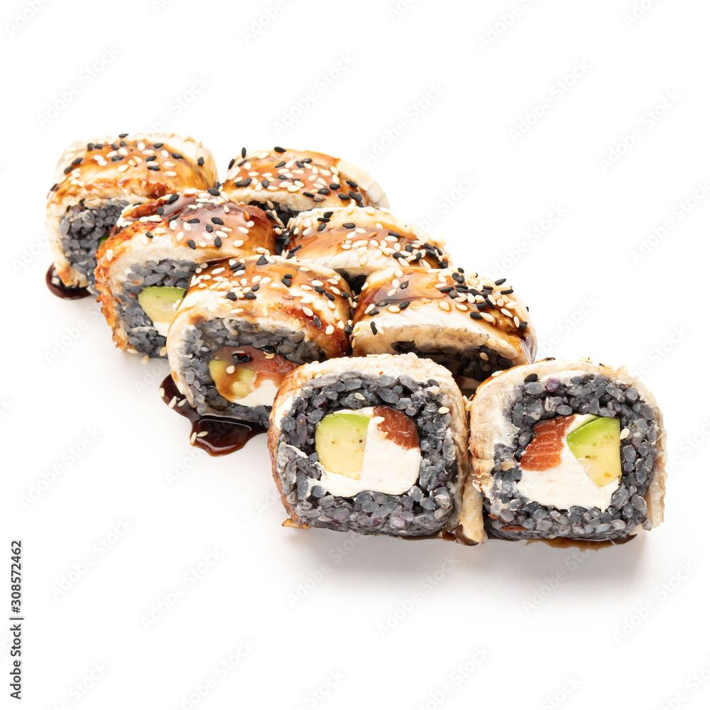 Japanese sushi with seafood on a white background isolates Japanese sushi with seafood on a white background isolates