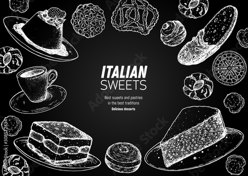 Italian dessert vector illustration. Italian sweet hand drawn sketch. Baking collection. Vintage design template. Panna cotta, tiramisu, bombolone, torta caprese, biscotti, pizzelle illustration.