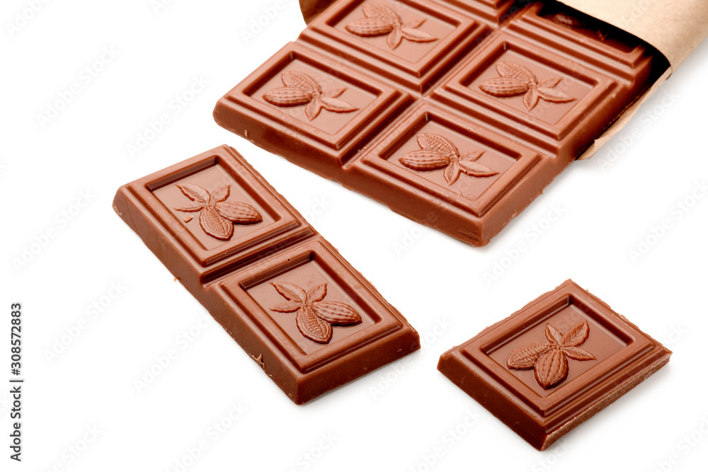 Milk chocolate bar isolated on white background from top view Milk chocolate bar isolated on white background from top view