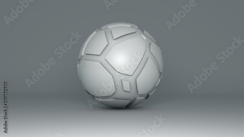 Abstract 3D illustration of a white ball isolated on a white background with a shadow on a white surface. The ball is destroyed and has many correct cracks. Abstraction  3D rendering