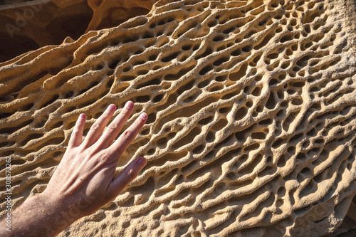 A hand in the yellow Geoforms in Labetxu on Mount Jaizkibel, Basque Country photo