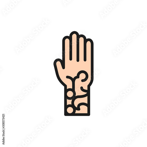 Henna tattoo on arm, Mehndi flat color line icon.