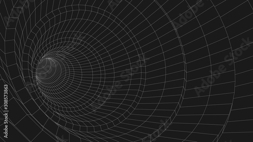 Vortex. Vector perspective grid. Wireframe abstract tunnel. 3D vector wormhole with a mesh structure.