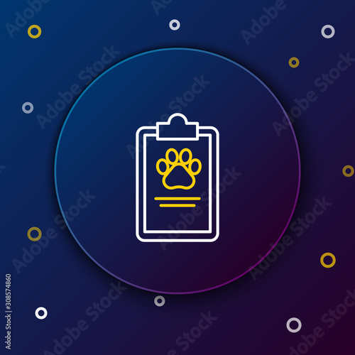 White and yellow line Clipboard with medical clinical record pet icon isolated on dark blue background. Health insurance form. Medical check marks report. Colorful outline concept. Vector Illustration